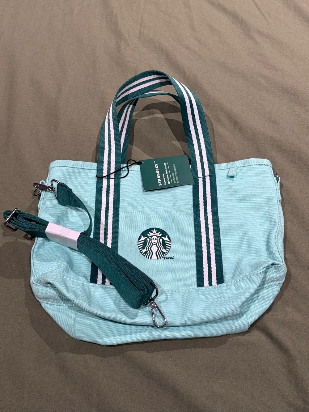 Starbucks Light Teal Canvas Tote with Dark Green & White Straps